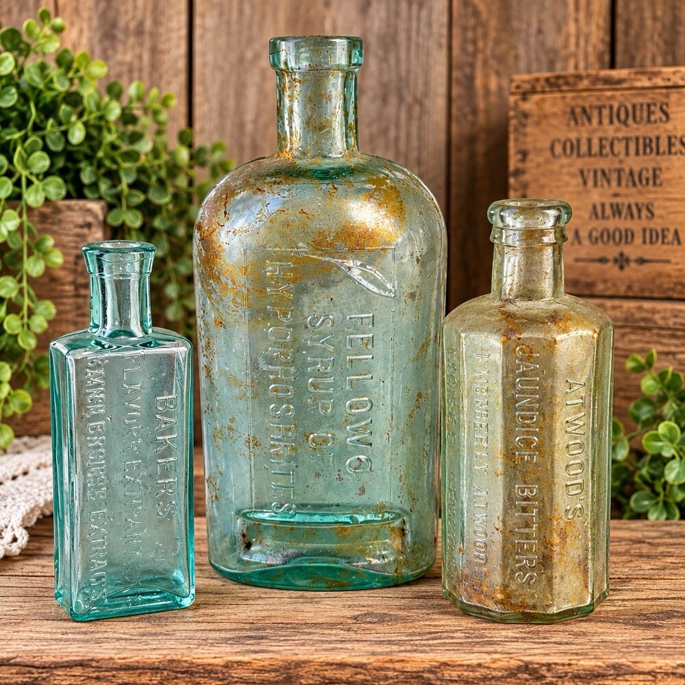 Antique Aqua Glass Bottle Lot Fellows Hypophosphites Atwoods Bitters Bakers 3pc